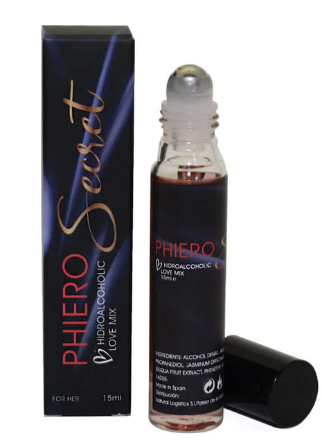Ein eleganter schwarzer roll-on mit klarem glasflakon und silberkappe, phero secret 15 ml hydroalkoholische liebe-mischung