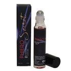 Ein eleganter schwarzer roll-on mit klarem glasflakon und silberkappe, phero secret 15 ml hydroalkoholische liebe-mischung
