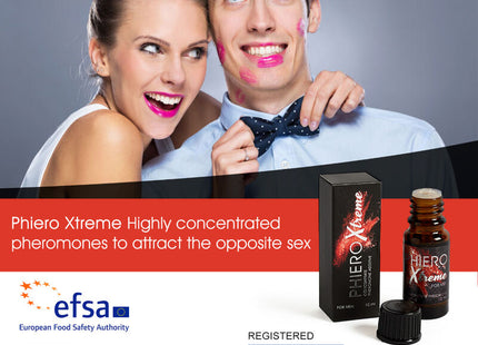Schwarze rechteckige box und bernsteinfarbene glasflasche mit schwarzem verschluss phero xtreme pheromonprodukt