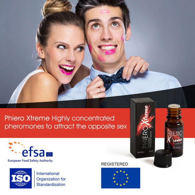 Schwarze rechteckige box und bernsteinfarbene glasflasche mit schwarzem verschluss phero xtreme pheromonprodukt