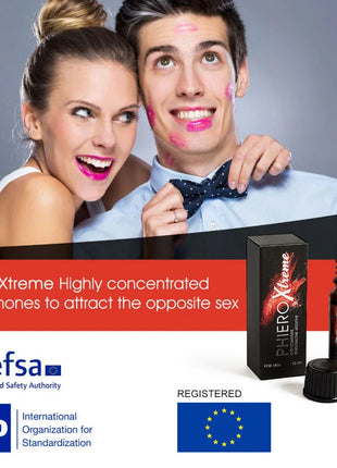 Schwarze rechteckige box und bernsteinfarbene glasflasche mit schwarzem verschluss phero xtreme pheromonprodukt