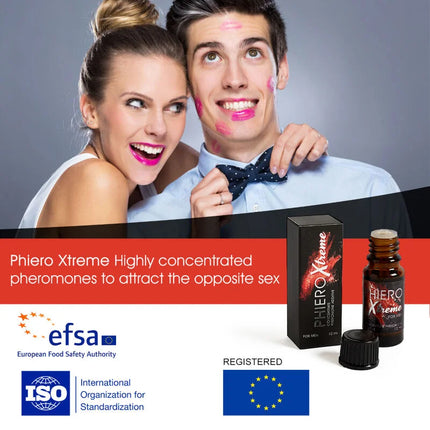 Schwarze rechteckige box und bernsteinfarbene glasflasche mit schwarzem verschluss phero xtreme pheromonprodukt