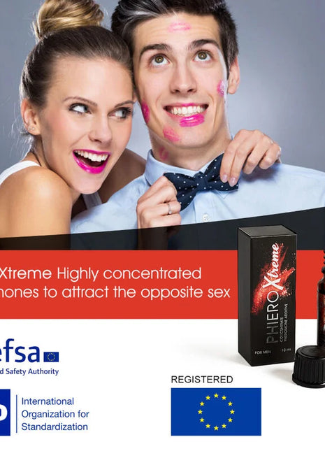 Schwarze rechteckige box und bernsteinfarbene glasflasche mit schwarzem verschluss phero xtreme pheromonprodukt