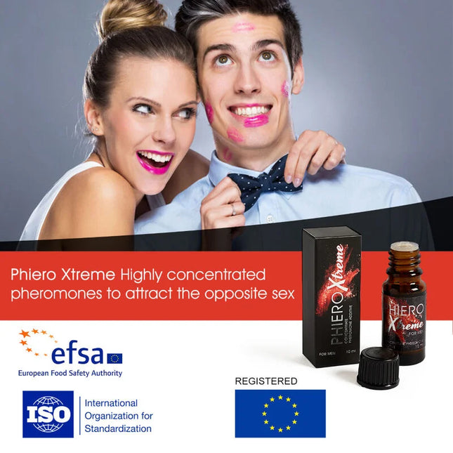 Schwarze rechteckige box und bernsteinfarbene glasflasche mit schwarzem verschluss phero xtreme pheromonprodukt