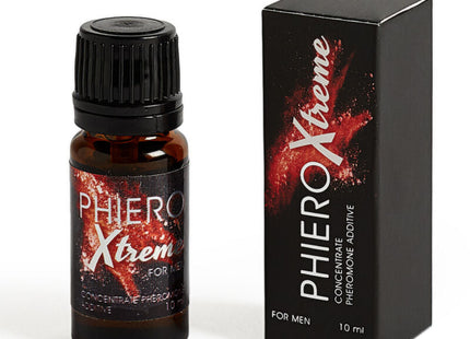Schwarze glasflasche mit schwarzem geriffeltemverschluss und rotem spritzdesign phiero xtreme pheromonkonzentrat für männer