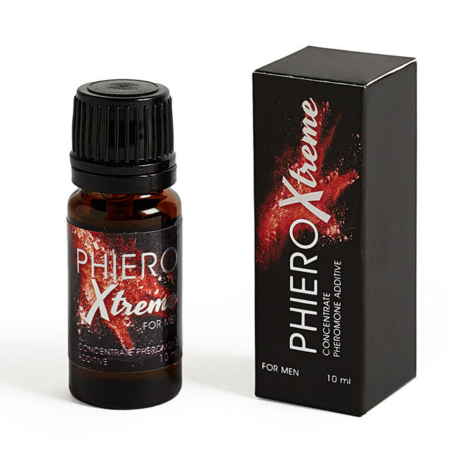 Schwarze glasflasche mit schwarzem geriffeltemverschluss und rotem spritzdesign phiero xtreme pheromonkonzentrat für männer