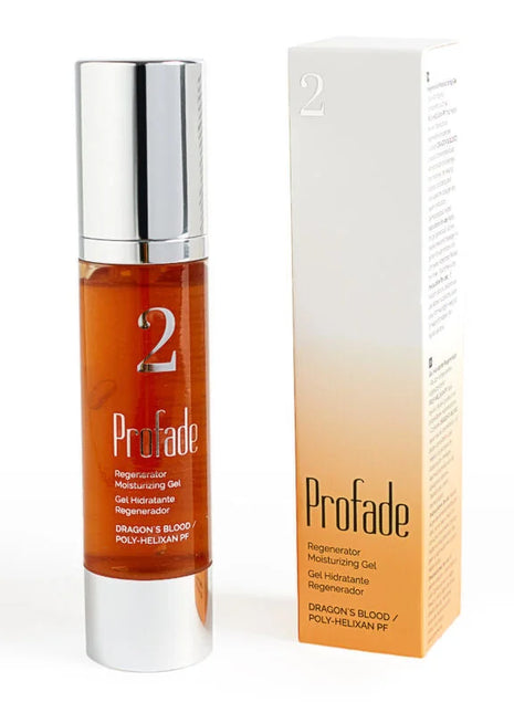 Profade regenerator moisturizing gel in amber glass bottle with silver cap and box for scars and tattooed skin