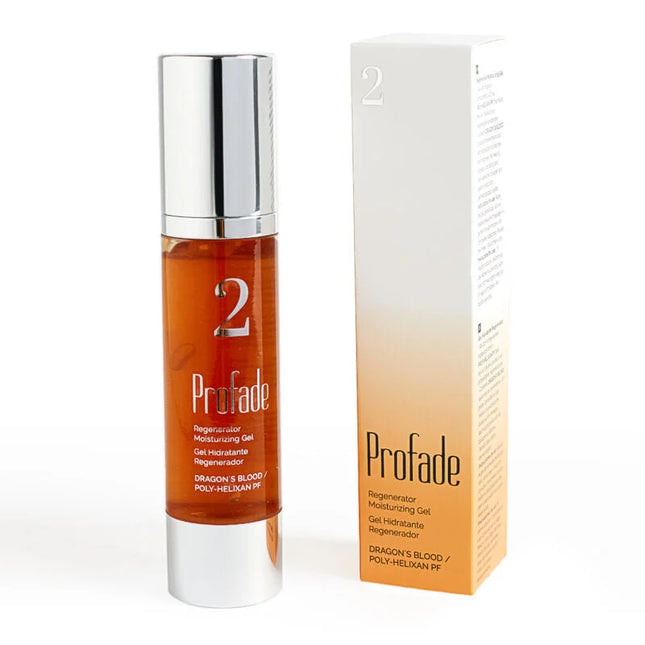 Profade regenerator moisturizing gel in amber glass bottle with silver cap and box for scars and tattooed skin