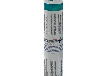 Tealfarbener sizegain plus instant shot in weißem zylinder mit mehrsprachiger beschriftung für männerenergizer