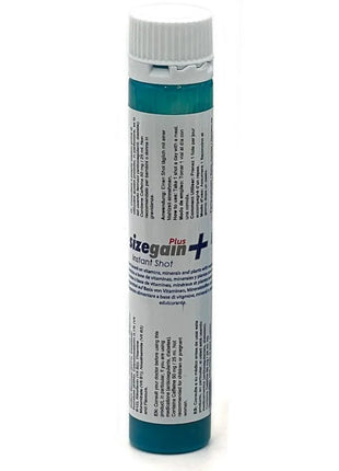 Tealfarbener sizegain plus instant shot in weißem zylinder mit mehrsprachiger beschriftung für männerenergizer