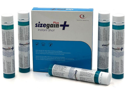 Blau-weiße box mit sizegain plus instant shot männlichem energizer und fünf passenden türkis-weißen ampullen