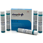 Blau-weiße box mit sizegain plus instant shot männlichem energizer und fünf passenden türkis-weißen ampullen
