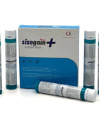 Blau-weiße box mit sizegain plus instant shot männlichem energizer und fünf passenden türkis-weißen ampullen
