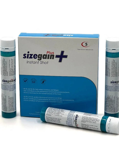 Blau-weiße box mit sizegain plus instant shot männlichem energizer und fünf passenden türkis-weißen ampullen