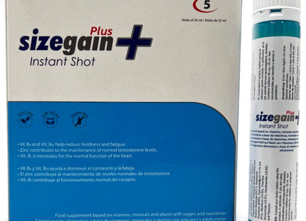 Eine blaugrüne und weiße sizegain plus instant shot flasche neben der verpackung 500 cosmetics männliches energieprodukt