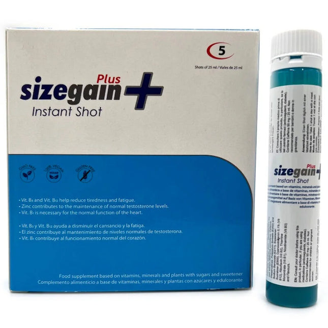 Eine blaugrüne und weiße sizegain plus instant shot flasche neben der verpackung 500 cosmetics männliches energieprodukt