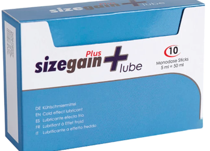 Blau-weiße verpackung von sizegain plus lube cold effect kosmetik mit 10 einwegsäckchen für lubrication