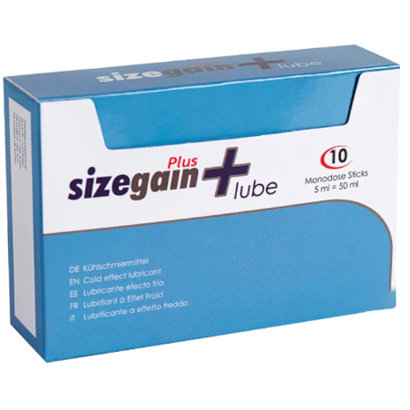 Blau-weiße verpackung von sizegain plus lube cold effect kosmetik mit 10 einwegsäckchen für lubrication
