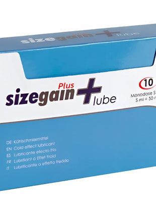 Blau-weiße verpackung von sizegain plus lube cold effect kosmetik mit 10 einwegsäckchen für lubrication