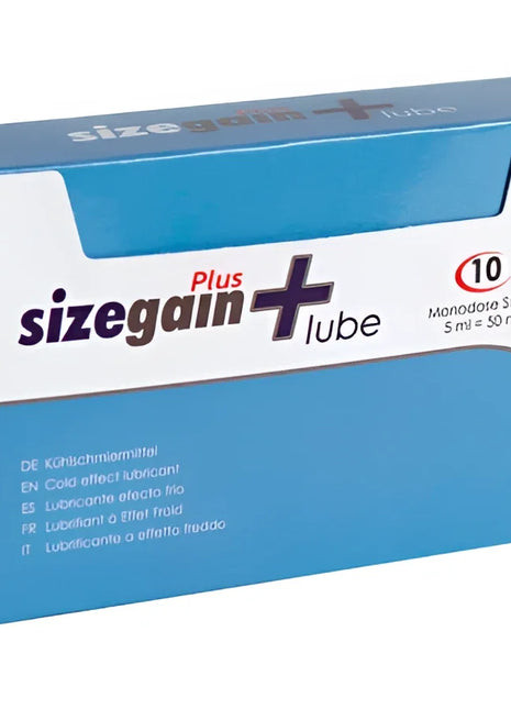 Blau-weiße verpackung von sizegain plus lube cold effect kosmetik mit 10 einwegsäckchen für lubrication