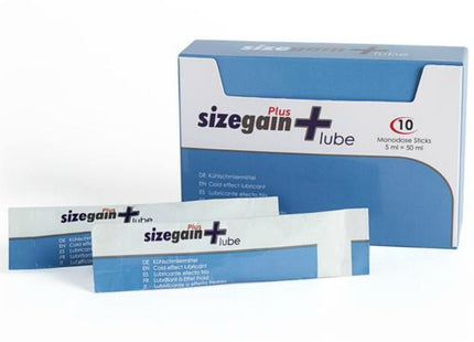 Blau-weiße kartonverpackung von sizegain plus lube mit zehn monodosen kaltwirkendem gleitgel