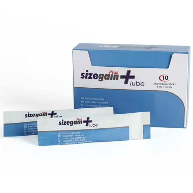 Blau-weiße kartonverpackung von sizegain plus lube mit zehn monodosen kaltwirkendem gleitgel