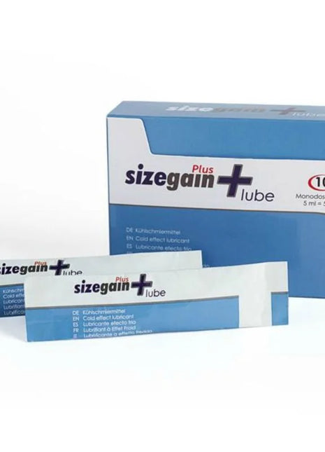 Blau-weiße kartonverpackung von sizegain plus lube mit zehn monodosen kaltwirkendem gleitgel
