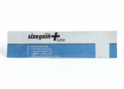 Ein tube sizegain plus lube cold effect mit weiß-blauer verpackung und mehrsprachiger beschriftung