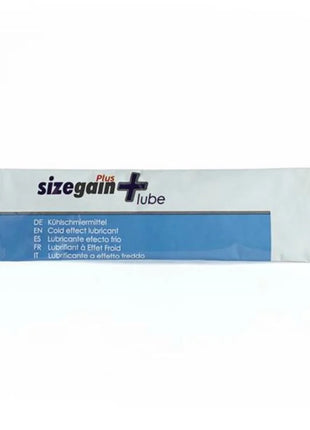 Ein tube sizegain plus lube cold effect mit weiß-blauer verpackung und mehrsprachiger beschriftung