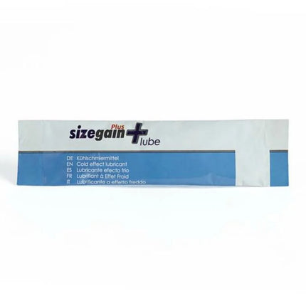 Ein tube sizegain plus lube cold effect mit weiß-blauer verpackung und mehrsprachiger beschriftung