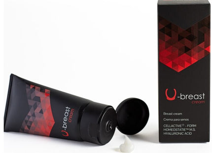 Black and red 500 cosmetics u-breast brustvergrößerungscreme tube with geometric design and matching box