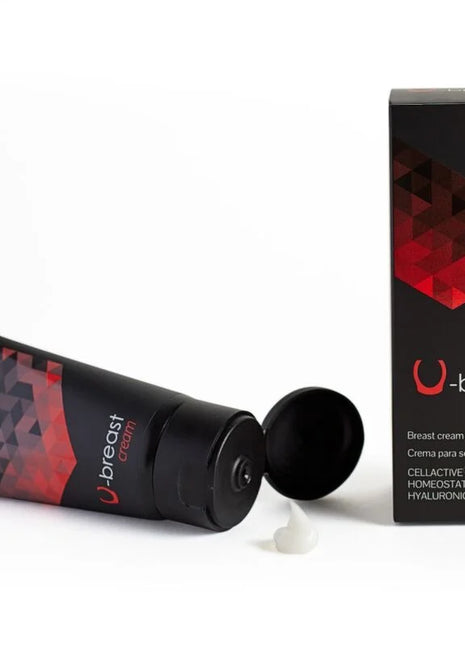 Black and red 500 cosmetics u-breast brustvergrößerungscreme tube with geometric design and matching box