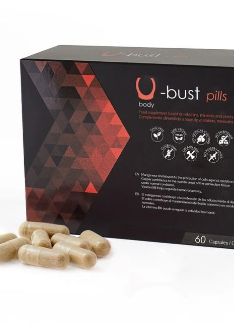 Schwarze und rote geometrische box der u-bust brustvergrößerungskapseln von 500 cosmetics mit beigen kapseln davor