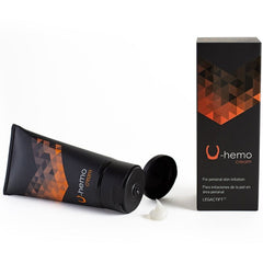Schwarze tube u-hemo creme mit orange geometrischem design und passende verpackung zur reizung und hämorrhoiden vorbeugung 60 ml