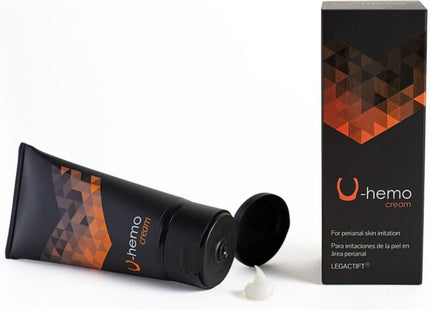 Schwarze tube u-hemo creme mit orange geometrischem design und passende verpackung zur reizung und hämorrhoiden vorbeugung 60 ml