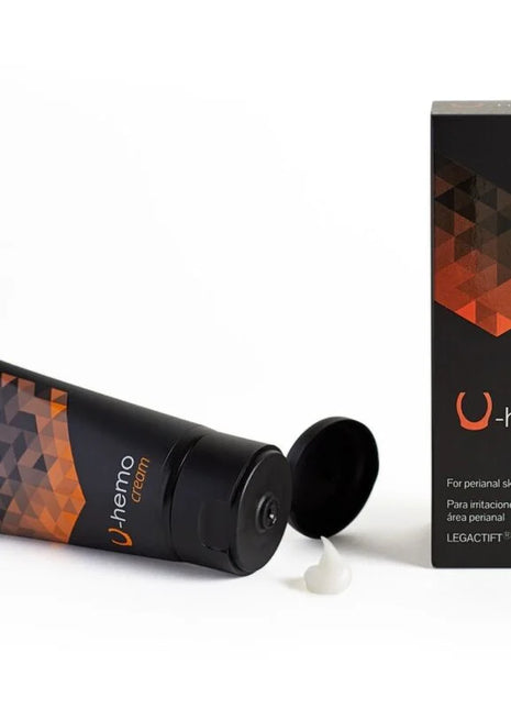 Schwarze tube u-hemo creme mit orange geometrischem design und passende verpackung zur reizung und hämorrhoiden vorbeugung 60 ml