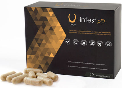 Schwarze und goldene geometrisch gemusterte box von u-intest kapseln mit 60 beigen kapseln zur vorbeugung von hämorrhoiden