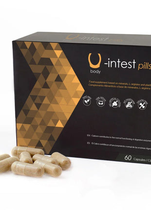 Schwarze und goldene geometrisch gemusterte box von u-intest kapseln mit 60 beigen kapseln zur vorbeugung von hämorrhoiden