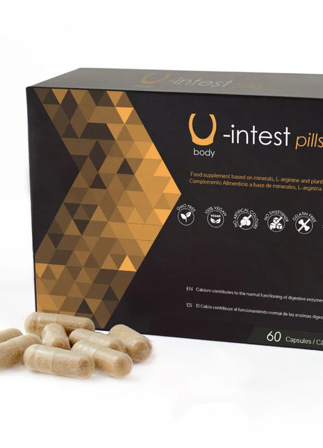 Schwarze und goldene geometrisch gemusterte box von u-intest kapseln mit 60 beigen kapseln zur vorbeugung von hämorrhoiden