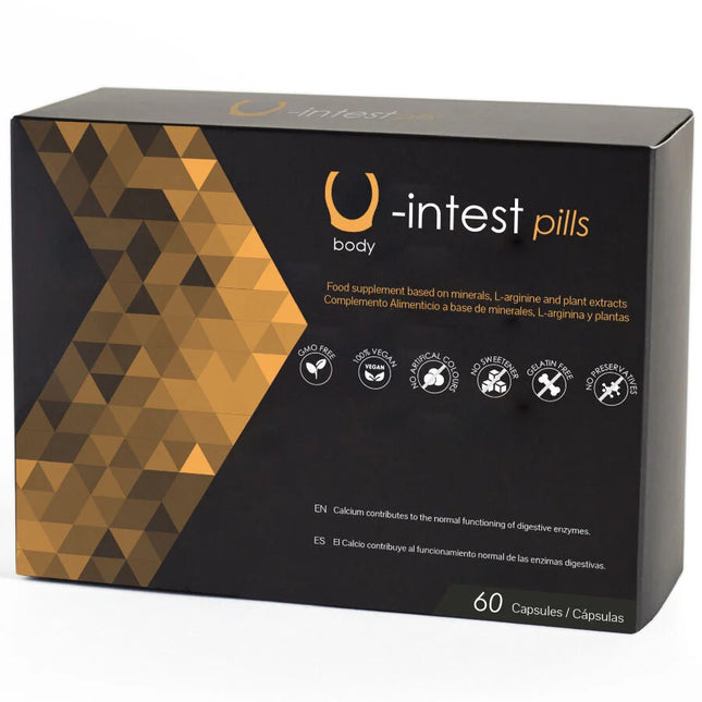 Schwarze und goldene box mit 60 500 cosmetics u-intest kapseln zur vorbeugung von hämorrhoiden