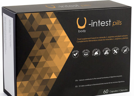 Schwarze und goldene geometrische box mit u-intest kapseln von 500 cosmetics zur vorbeugung von hämorrhoiden