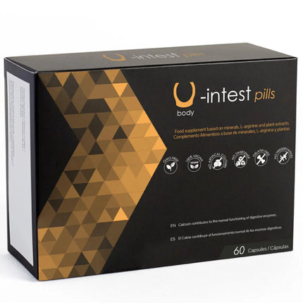 Schwarze und goldene geometrische box mit u-intest kapseln von 500 cosmetics zur vorbeugung von hämorrhoiden