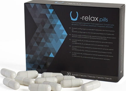 Schwarze und blaue box mit geometrischem muster der u-relax kapseln zur entspannung und angstreduzierung mit weißen kapseln davor