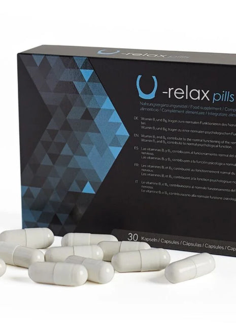 Schwarze und blaue box mit geometrischem muster der u-relax kapseln zur entspannung und angstreduzierung mit weißen kapseln davor