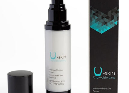 U-skin xtramoisturizing healing cream in a weiße flasche mit schwarzem pumpverschluss und schwarzer box mit türkisfarbenen akzenten