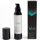 U-skin xtramoisturizing healing cream in a weiße flasche mit schwarzem pumpverschluss und schwarzer box mit türkisfarbenen akzenten