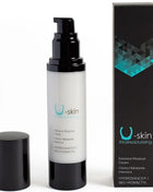 U-skin xtramoisturizing healing cream in a weiße flasche mit schwarzem pumpverschluss und schwarzer box mit türkisfarbenen akzenten