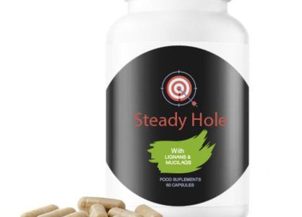 Weiße plastikflasche mit schwarzen etikett und grünem blatt für u-steady hole kapseln zur darmgesundheit 60 kapseln
