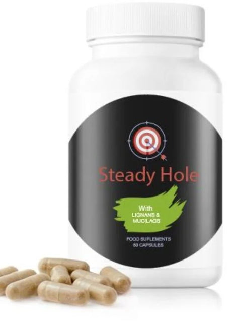 Weiße plastikflasche mit schwarzen etikett und grünem blatt für u-steady hole kapseln zur darmgesundheit 60 kapseln