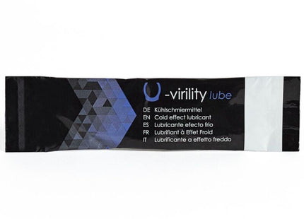 Schwarze und blaue verpackung von 500 cosmetics u-virility lube gleitmittel mit kälteeffekt und mehrsprachiger beschriftung
